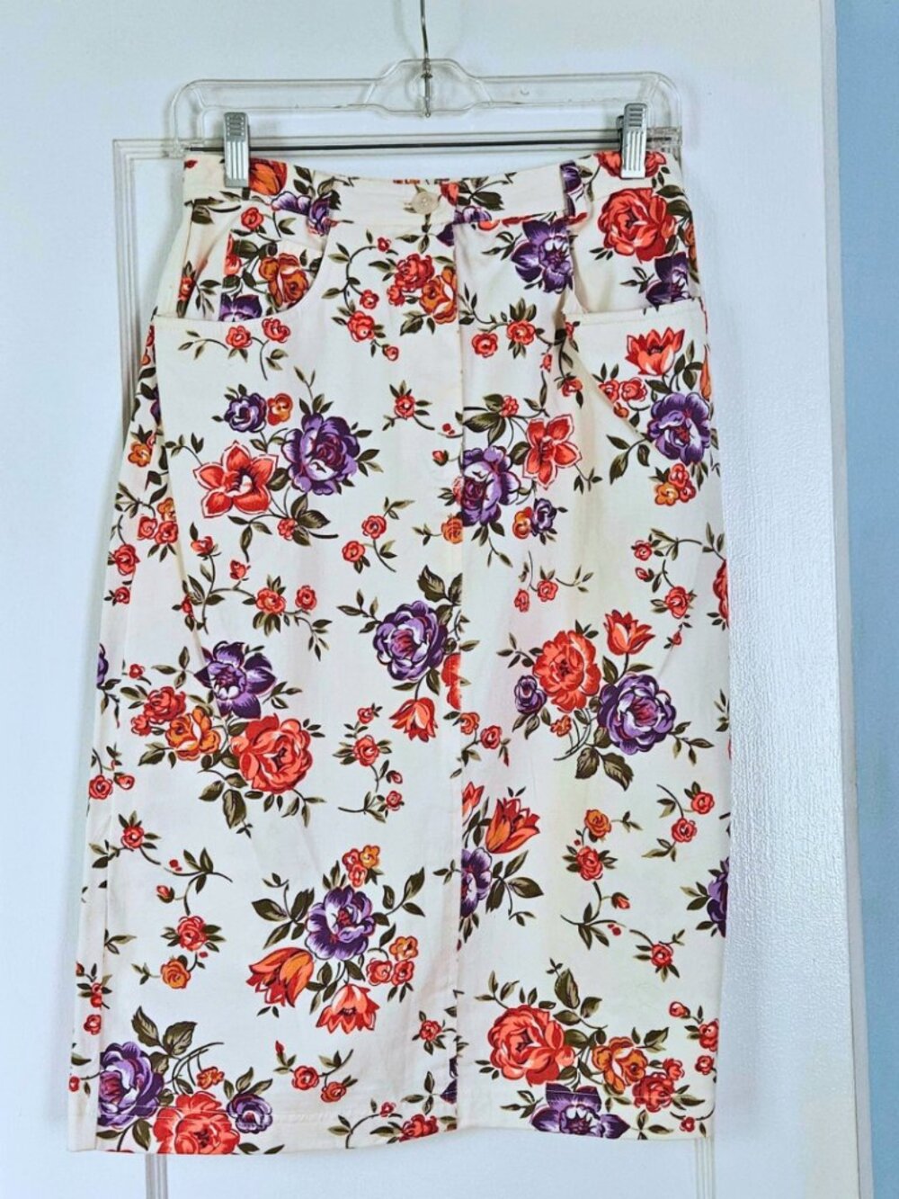 SK Wear Floral Midi Skirt Size 10 Ivory Purple Rose Print Cotton Pencil NWT